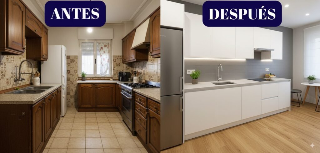 antes y después de la reforma de la cocina con obrasur 2