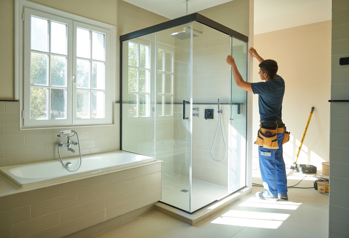 Baño moderno en Huelva con una ducha nueva instalada donde antes había una bañera, un trabajador ajusta los accesorios de la ducha.