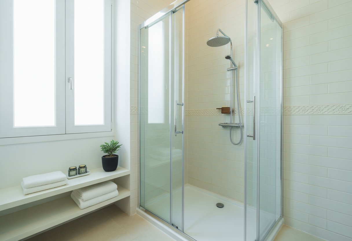 Baño moderno y luminoso con ducha de obra en lugar de bañera, con detalles decorativos y luz natural.