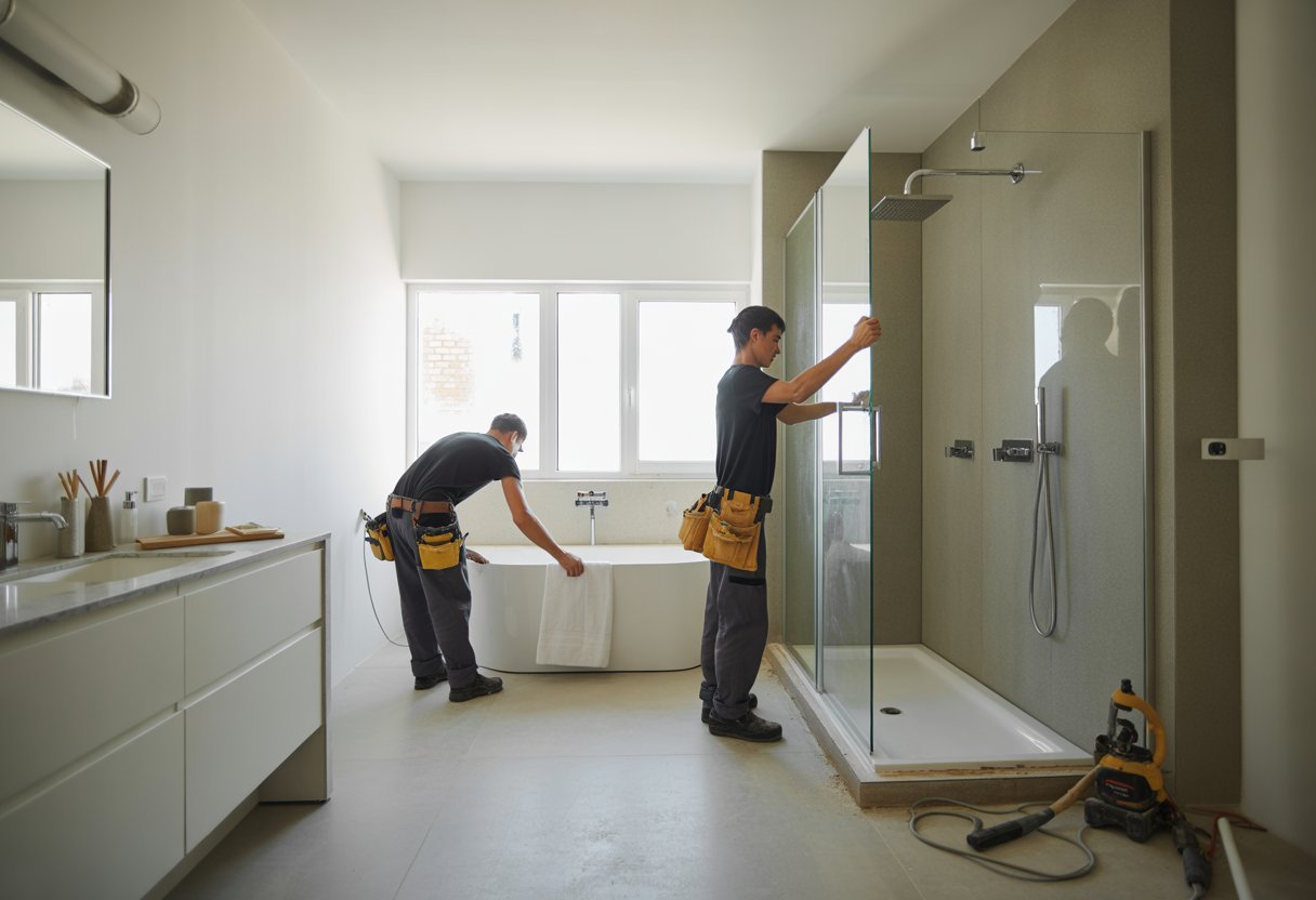 Trabajadores instalando una ducha nueva en un baño moderno mientras reemplazan una bañera.