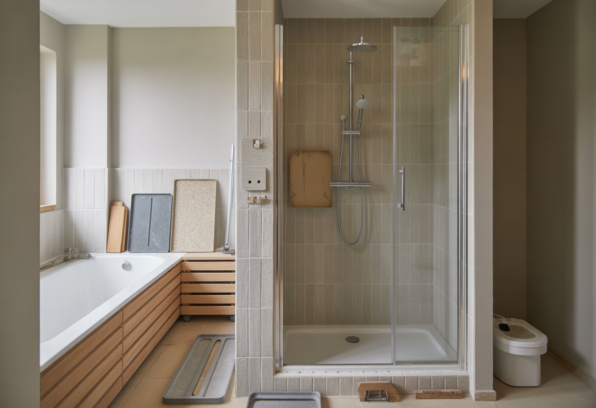 Baño moderno en proceso de cambio de bañera por ducha con materiales y opciones de platos de ducha visibles.