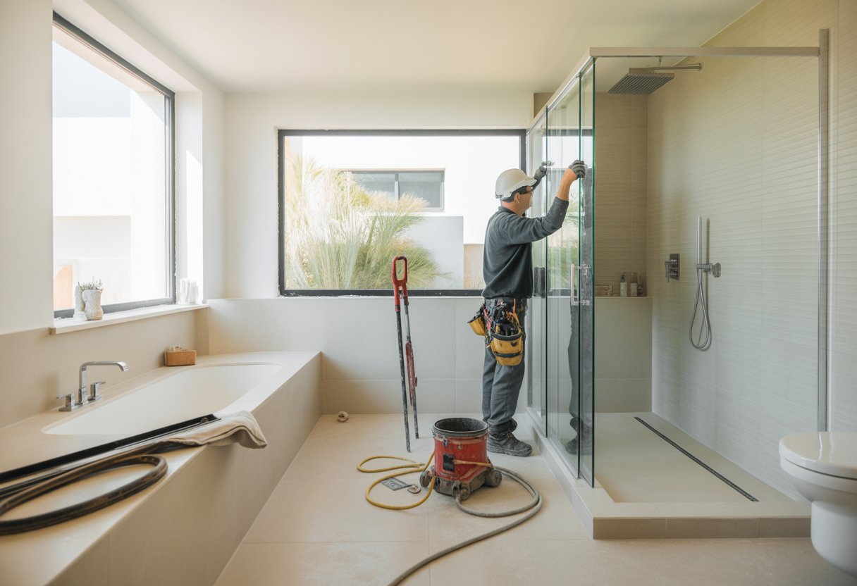 Un baño moderno en proceso de reforma donde se está cambiando una bañera por una ducha con paneles de vidrio, con herramientas y un trabajador instalando los elementos.
