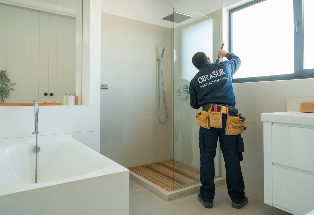 Un trabajador instalando una ducha moderna en un baño luminoso, reemplazando una bañera antigua.