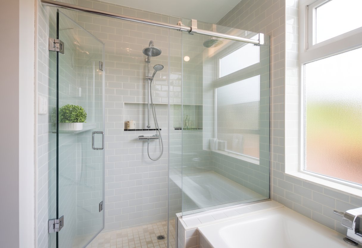 Baño moderno con una ducha de obra con mampara de cristal y grifería cromada, iluminado con luz natural.