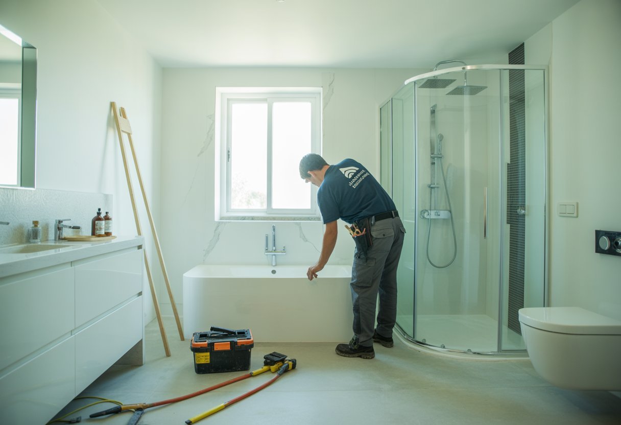 Trabajador renovando un baño en Huelva, reemplazando una bañera por una ducha moderna.
