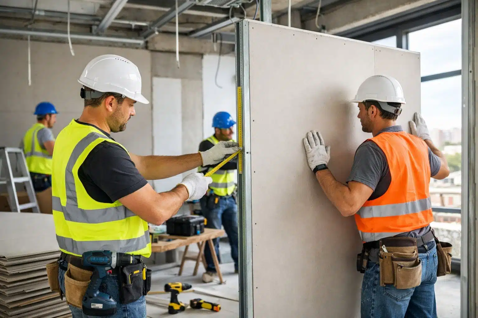 Trabajadores instalando paneles de pladur en un interior en construcción con equipo de seguridad y herramientas.