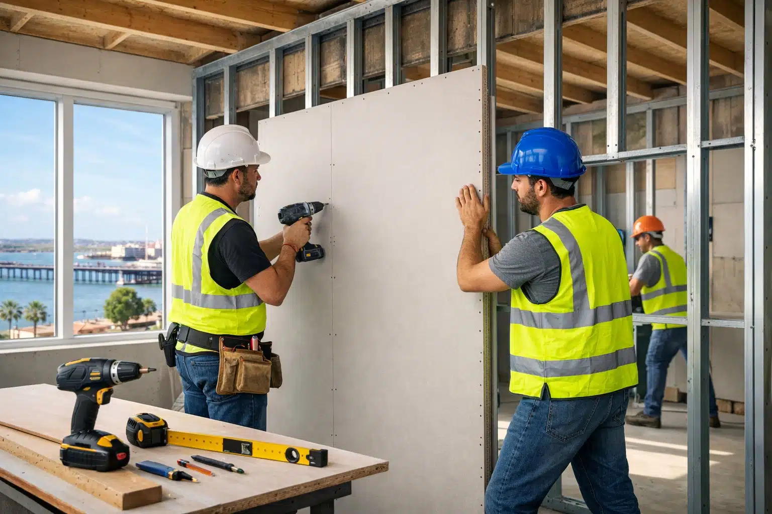Trabajadores instalando paneles de pladur en un interior luminoso y espacioso con equipo de seguridad y herramientas de construcción.