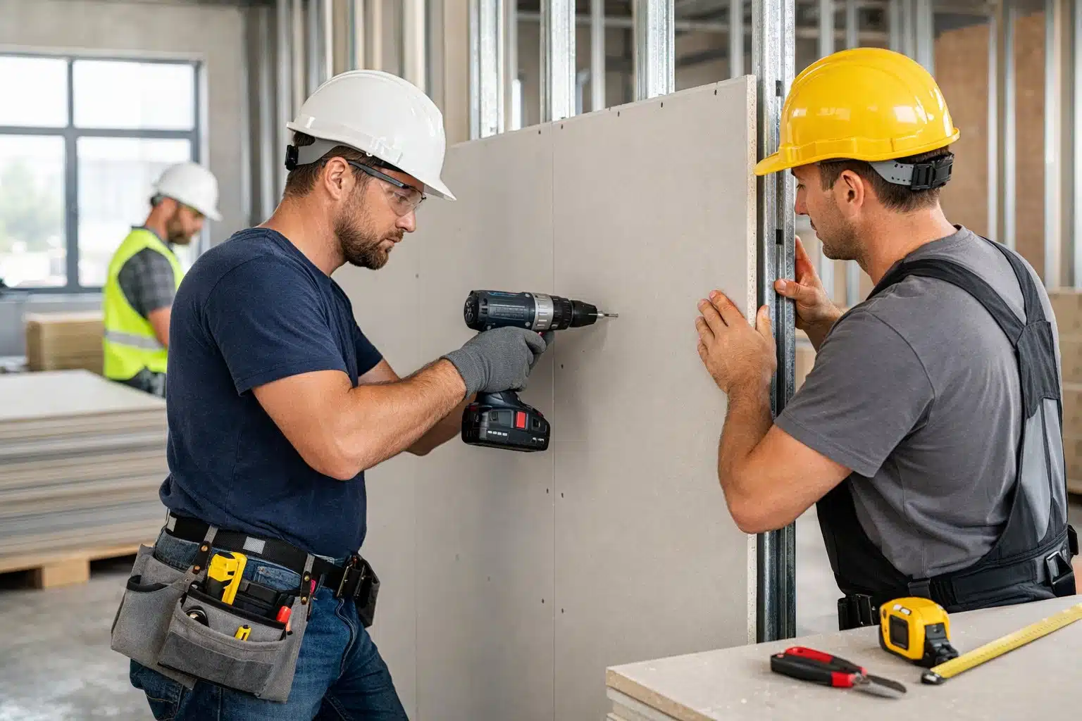 Trabajadores instalando paneles de pladur en un interior en construcción con equipo de seguridad.