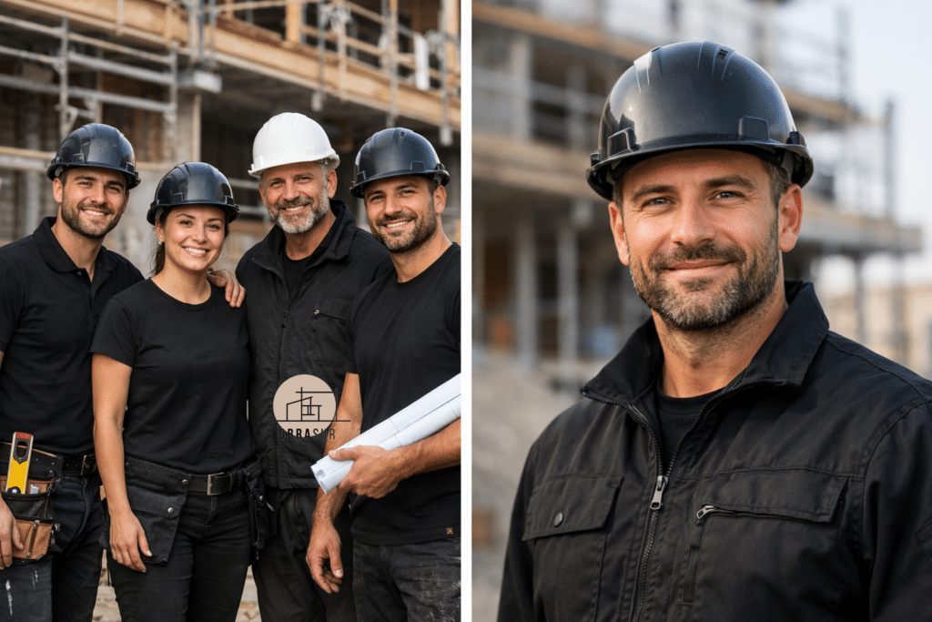 Equipo de trabajadores de Obrasur con uniforme negro y logotipo en la ropa.